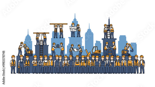 Constructing the Future: An Illustration of hardworking construction workers collaborating, building a modern cityscape, symbolizing progress and infrastructure development. 