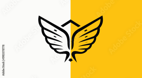 Stylized black bat silhouette with wings spread on a split white and orange background