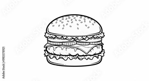 Detailed black and white illustration of a stacked hamburger with toppings