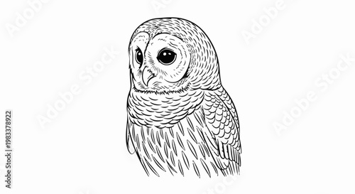 Detailed black and white illustration of an owl's head and chest feathers