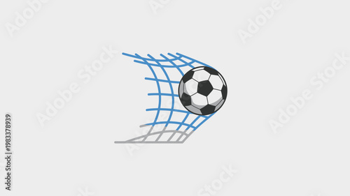 Soccer ball hitting the net, football goal scoring moment vector illustration, sports success and victory concept icon on gray background