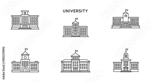 University and college building line icons set for academic education