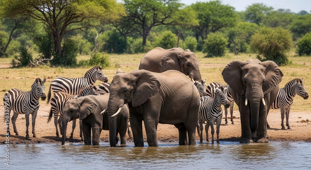 Fototapeta premium African Elephants and Zebras Drinking Together at Savanna Waterhole