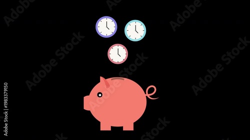 Piggy Bank and Multiple Clocks Financial Time Management Animation Loop with Alpha Channel