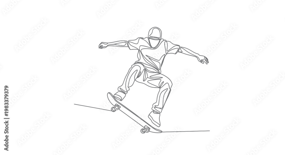 Fototapeta premium Continuous line drawing of skateboarder in motion