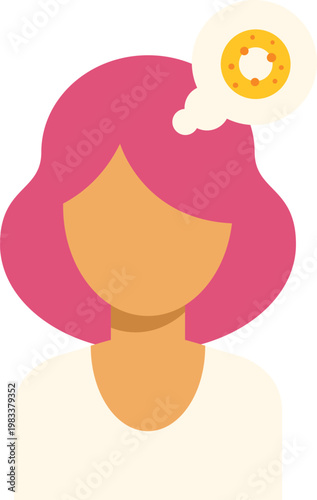 Woman considering a sweet pastry or carbohydrate in a thought bubble