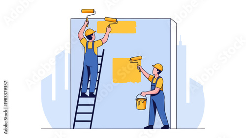 Painting the future: Two skilled workers bring a wall to life with vibrant strokes, infusing the space with color and creativity. 