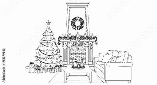 Festive living room scene with a decorated Christmas tree, fireplace, gifts, and couch