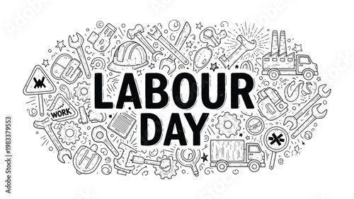 Labour Day Celebration: A graphic depiction of Labour Day, showcasing various tools and symbols of labor, celebrating the hard work and dedication of the workforce.