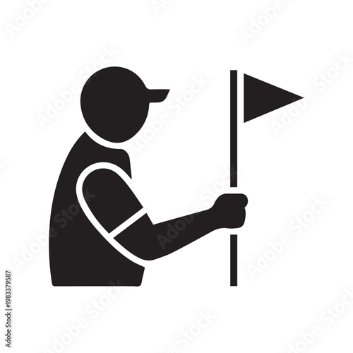 Black silhouette of a golf caddy holding a flag stick, golfer assistant profile icon in minimalist style on white background.