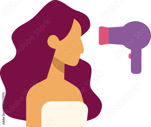 Woman standing in a towel drying her long hair with a hairdryer