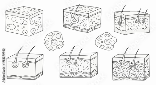 Detailed cross-sections illustrate various skin conditions and structures