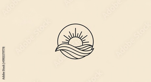 Minimalist sun and ocean wave logo emblem on beige background