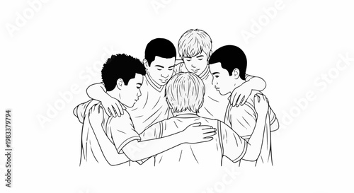 Five young men huddle together, arms around shoulders, unified