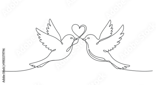 Two birds in continuous line art sharing a heart, wings spread