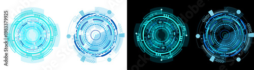 PNG image of Four futuristic technology HUD elements with dynamic blue light effects, representing innovation and connectivity on transparent background.