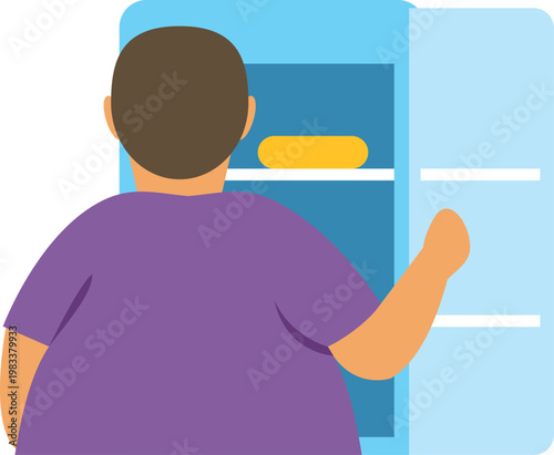Obese person looking into an open fridge, illustrating unhealthy eating habits and gluttony