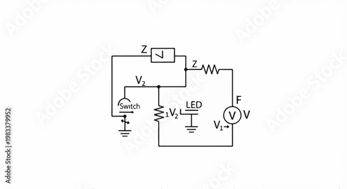 Detailed electronic circuit schematic showing a switch, resistors, LED, and voltmeter connections