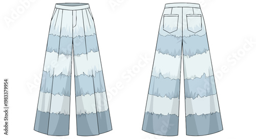 Fashion technical flat sketch of tiered wide-leg trousers with wavy horizontal panels