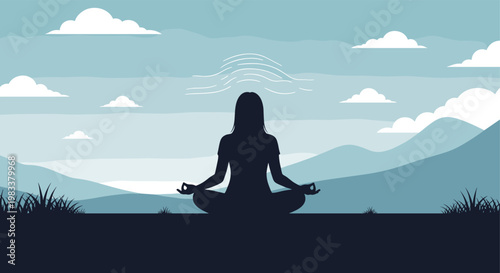Woman meditating in nature silhouette with mountains and clouds in peaceful scene