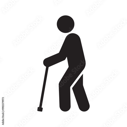 Elderly person with walking stick silhouette vector icon, senior man or old patient walking with cane isolated on white background.