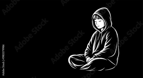 Monochrome hooded figure meditating in a peaceful pose