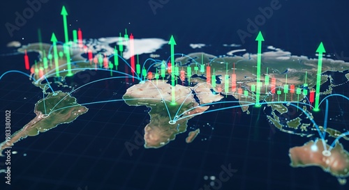 Global network data flow with illuminated arrows over world map in dark tech environment