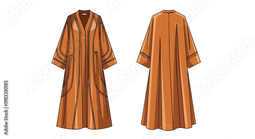 Clean technical drawing of a long, flowing modest fashion garment in warm brown showing front and back views. Perfect for apparel design