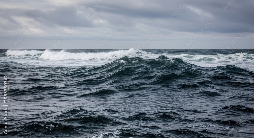 Obraz premium Powerful ocean waves crashing in deep blue sea under stormy sky