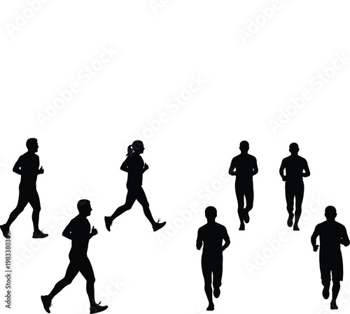 Group of diverse marathon runners in motion, set of seven black vector silhouettes of men and women jogging and sprinting isolated on white for fitness and sports design