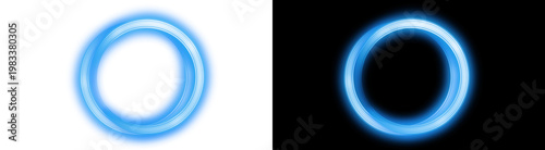 PNG image of A vibrant glowing neon blue circular ring light effect with a smooth artistic motion blur on transparent background