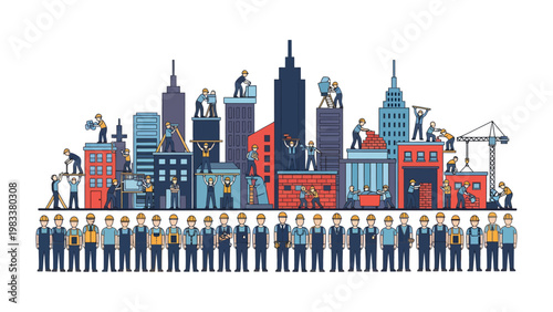 City of Builders: A vibrant illustration depicts a cityscape teeming with construction, where builders collaborate to erect a modern metropolis. The scene is alive with activity.