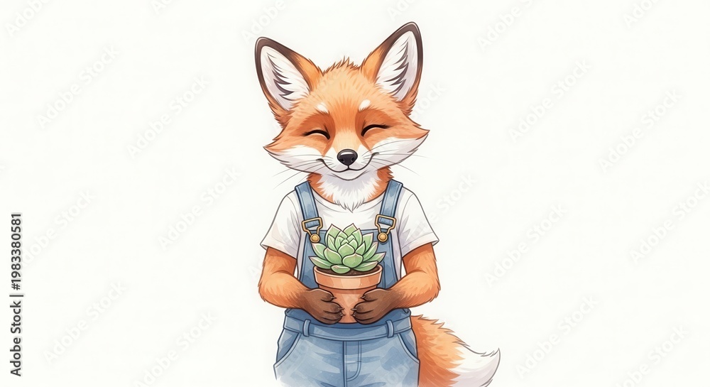 Fototapeta premium Cute Fox Character Holding Potted Succulent Plant on White Background