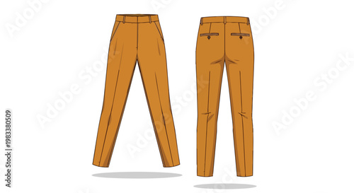 Precision technical drawing showcasing the front and back views of elegant ochre-colored men's tailored trousers, perfect for fashion design,