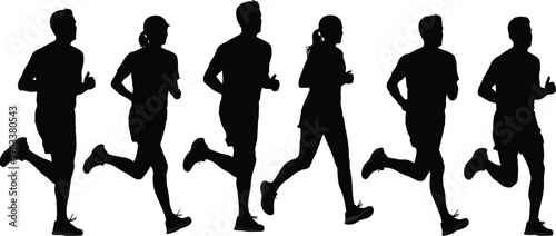 Group of diverse marathon runners in motion, set of six black vector silhouettes of men and women jogging and sprinting isolated on white for fitness and sports design.