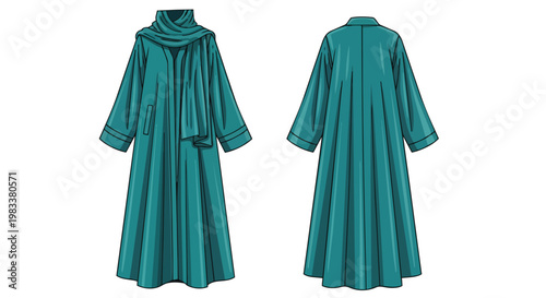 Detailed technical flat fashion illustration of a flowing modest teal abaya with a complementary draped scarf, showcasing both front and rear views.