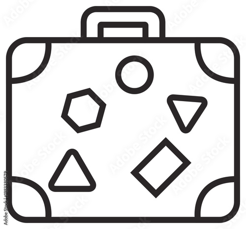Minimalist black line vector icon of a travel suitcase with decorative stickers. Scalable illustration of a classic luggage piece with a handle and reinforced corners for travel and vacation.