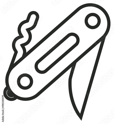 Swiss Army Knife Vector Icon Illustration. Minimalist Black Line Art Multi-Tool Symbol Featuring a Blade and Corkscrew. Scalable Graphic for Camping, Survival, and Outdoor Adventure Design.