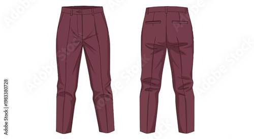 Stylized graphic of sophisticated deep maroon tailored trousers presented with both front and back views for fashion design an ideal asset for