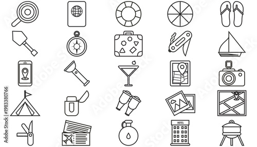 25 Minimalist Black Vector Icon Set Bundle featuring Travel, Camping, and Outdoor Adventure Symbols: Passport, Compass, Suitcase, Sailboat, GPS Navigation, Camera, Tent, BBQ Grill, and Multi-tools