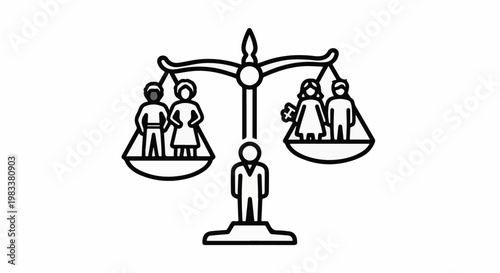 Equalizer symbol with balanced scales and diverse figures representing society