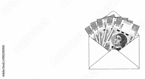 Envelope filled with fanned banknotes featuring a portrait and denomination