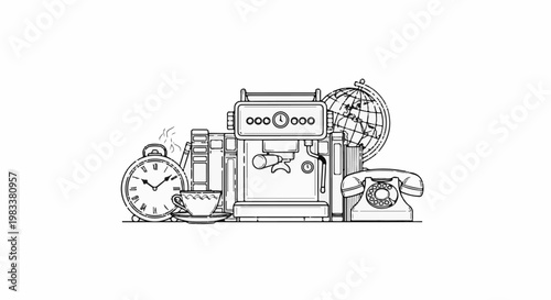 Espresso machine, vintage phone, globe, clock, and coffee cup arranged artfully