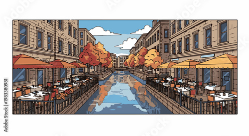 European canal with outdoor cafes and autumn trees