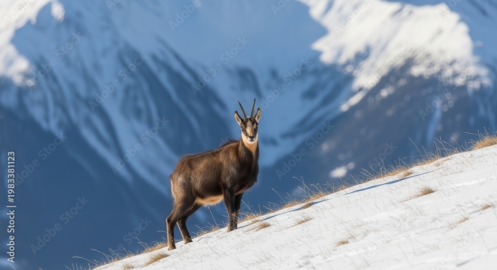 Obraz premium Chamois mountain goat standing on snowy slope with peaks behind