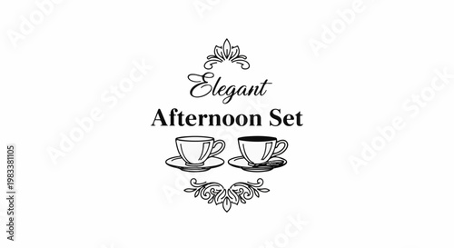 Elegant afternoon tea set with two cups and saucers and decorative flourish