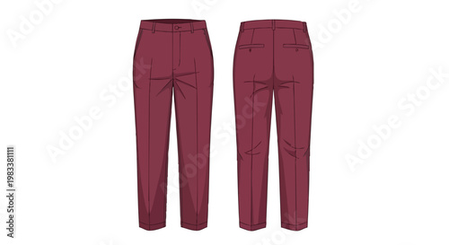 Vibrant burgundy menswear trousers with meticulous front and back views, showcasing classic pleat details and tailored construction ideal for
