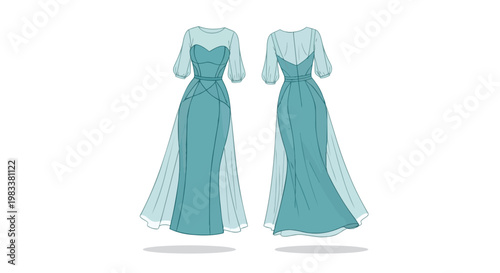 Graceful teal evening gown technical flat illustration with sheer overlay elements