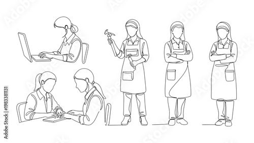 Crafting Professional Presence: Illustration of individuals in professional roles, engaging in various work activities, captured in elegant line art style. 