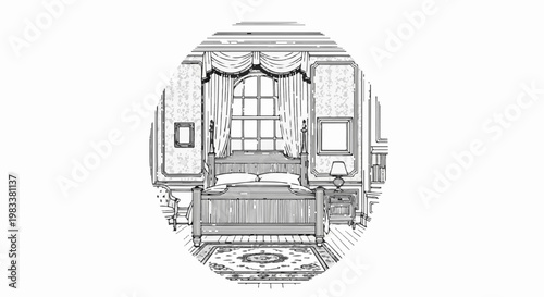 Elegant bedroom with a grand bed, ornate rug, draped window, and lamps